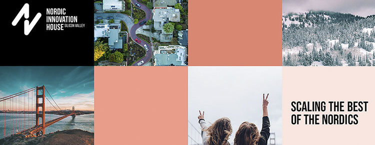 Colourful squares - some shades of pink, some images of American landscapes, innovationa and people. Nordic Innovation House Silicon Valley's logo in the top left corner